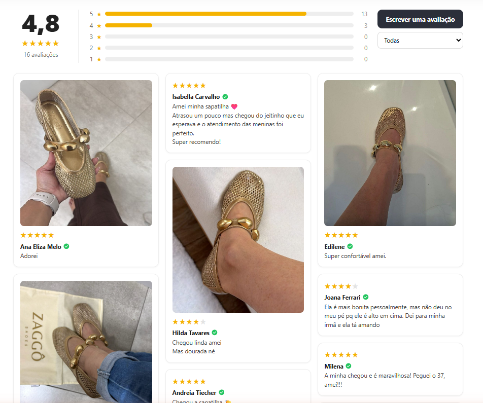 Seção de avaliações com nota e fotos de clientes na Zaggô Shoes