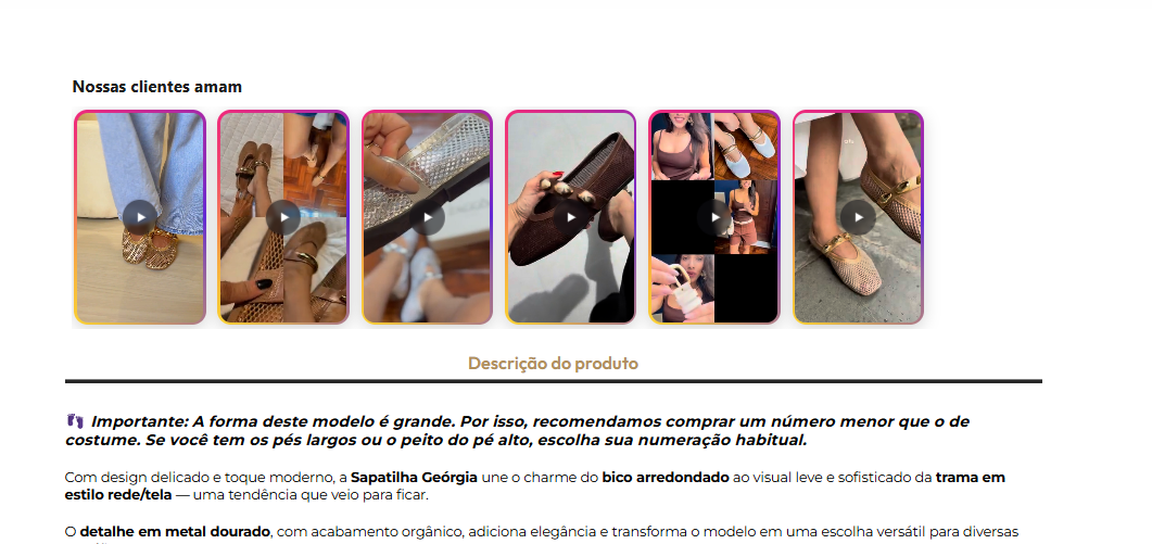 Carrossel de vídeos de clientes na página de produto da Zaggô Shoes